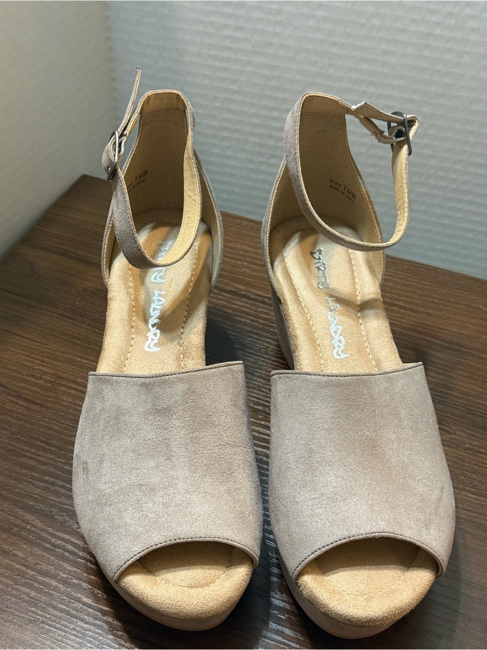 Chinese Laundry Taupe Suede Wedge Sandals with Ankle Strap